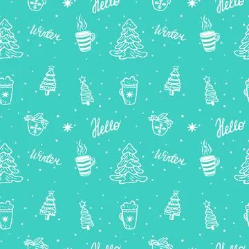 Christmas seamless background of doodle trees and hot drinks. Stock Illustration