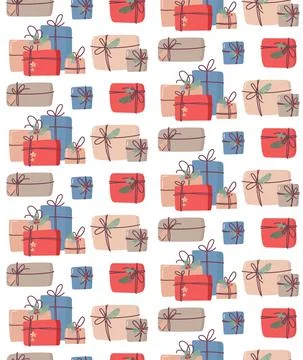 Christmas seamless background with gifts. Vector wallpaper in flat style. Stock Illustration