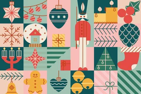 Christmas seamless block pattern with toys, balls, star, soldier, tree, candle Stock Illustration