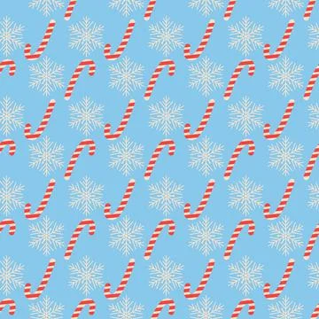 Christmas seamless blue pattern with candy canes and snowflakes. wrapping pap Illustrazione stock