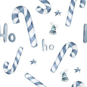 Christmas seamless blue pattern with candy canes, christmas socks and snowflakes Stock Illustration