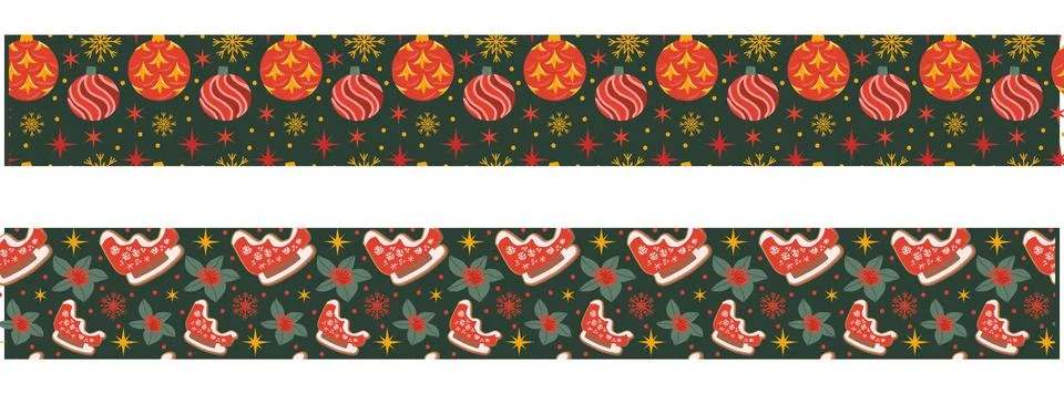 Christmas seamless border pattern set. Flat cartoon vector illustration. 스톡 일러스트