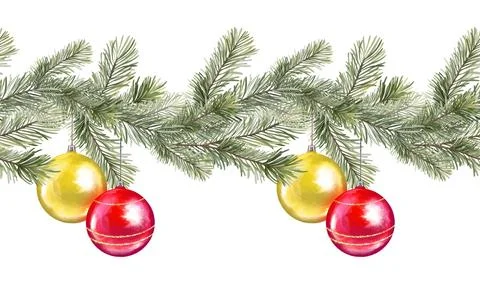 Christmas seamless border of spruce branches and Christmas balls Stock Illustration