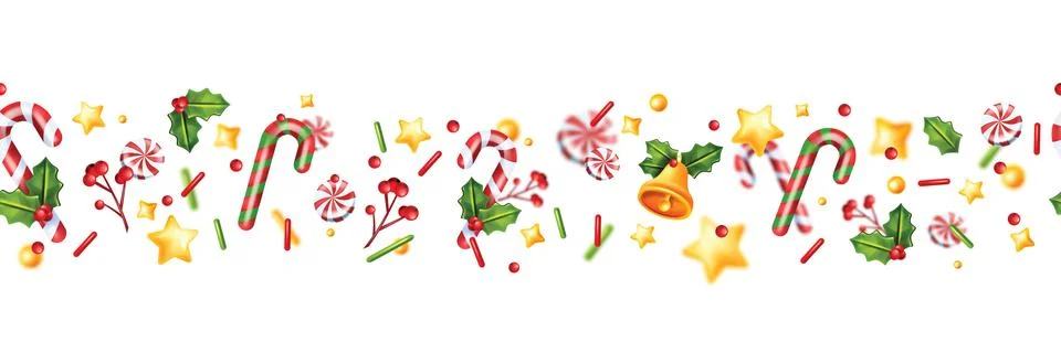 Christmas seamless border, vector 3D New Year confetti frame, winter holiday 스톡 일러스트