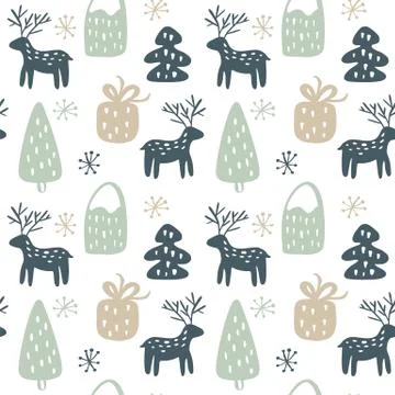 Christmas seamless hand drawn pattern with deer and gift and tree. Vector イラスト素材