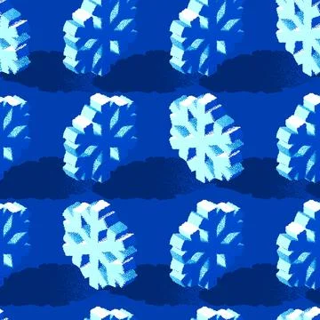 Christmas seamless pattern with 3D snowflakes drawn with dotwork grainy texture Illustrazione stock