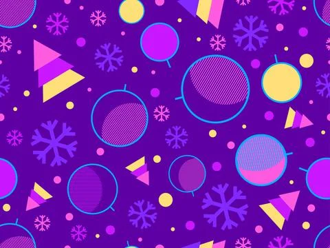 Christmas seamless pattern in 80s style with colorful Christmas trees, balls  Stock Illustration