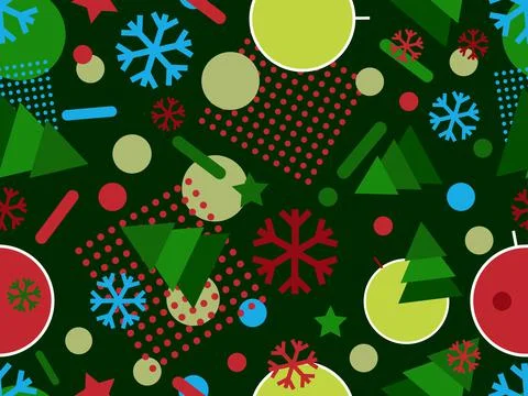 Christmas seamless pattern in 80s style with colorful Christmas trees, balls  Stock Illustration