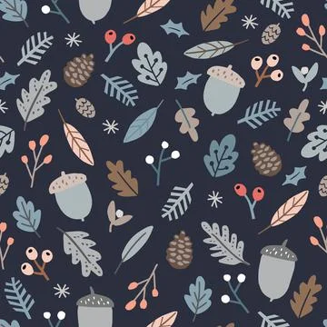 Christmas seamless pattern with acorns, pine cones and red berries. Fir tree 库存插图