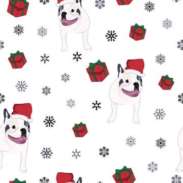 Christmas seamless pattern with animal. Dog in santa claus hat. Stock Illustration