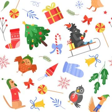 Christmas seamless pattern with animals and gifts Stock Illustration