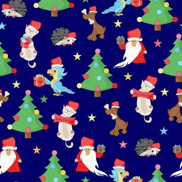 Christmas seamless pattern with animals and Santa Claus. Stock Illustration
