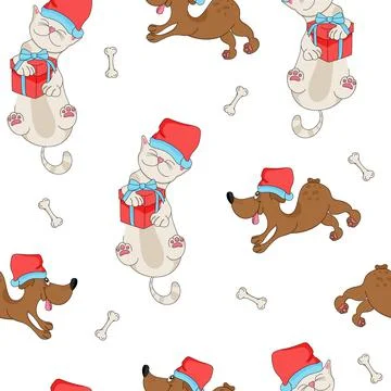 Christmas seamless pattern with animals. Cat, dog with gift and Santa Claus hat Stock Illustration