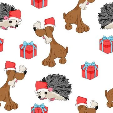 Christmas seamless pattern animals. Hedgehog, dog with gift, Santa Claus hat. Stock Illustration