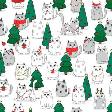 Christmas Seamless pattern background cute kittens in snow for winter. Doodle Stock Illustration