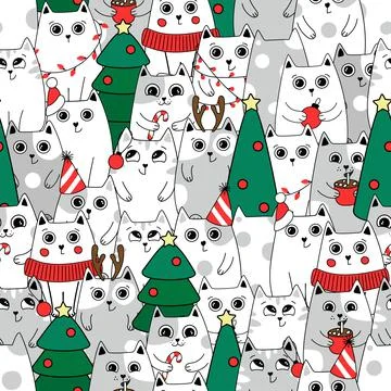 Christmas Seamless pattern background cute kittens in snow for winter. Doodle Illustrazione stock