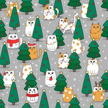 Christmas Seamless pattern background cute kittens in snow for winter. Doodle Illustrazione stock