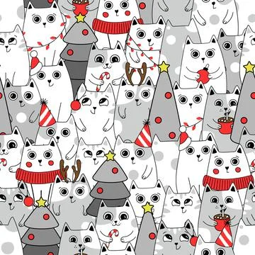 Christmas Seamless pattern background cute kittens in snow for winter. Doodle Illustrazione stock