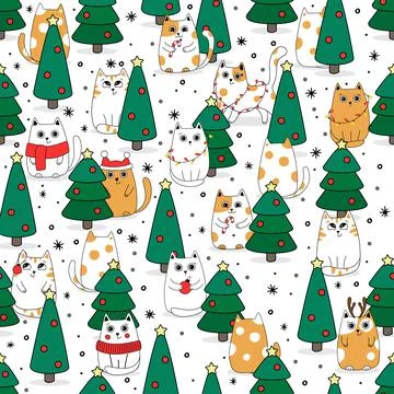 Christmas Seamless pattern background cute kittens in snow for winter. Doodle Illustrazione stock