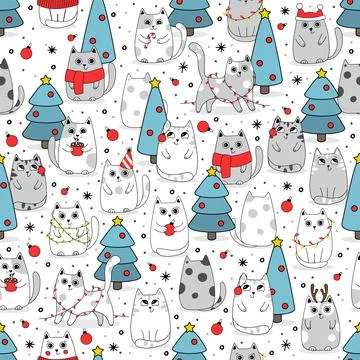 Christmas Seamless pattern background cute kittens in snow for winter. Doodle Stock Illustration