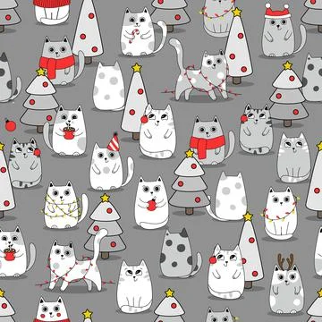 Christmas Seamless pattern background cute kittens in snow for winter. Doodle Stock Illustration