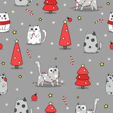 Christmas Seamless pattern background cute kittens in snow for winter. Doodle Illustrazione stock