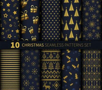 Christmas seamless pattern background vector set golden dark blue abstract Stock Illustration