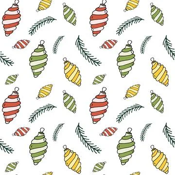 Christmas seamless pattern balls tree brunch. Red, green, yellow. Vector illu Stock Illustration