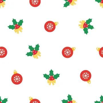 Christmas seamless pattern with baubles and holly leaves. Stock-Illustration