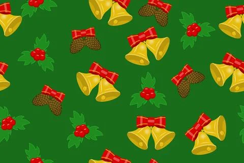 Christmas seamless pattern with bells, pine cones and bows Stock Illustration