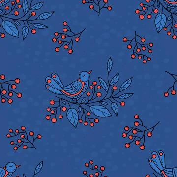 Christmas seamless pattern. bird on branch with Christmas berries on blue b.. Stock Illustration