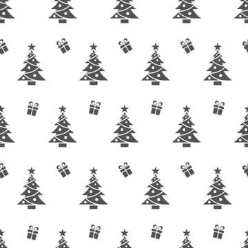 Christmas seamless pattern with black trees and gifts on a white background Stock Illustration