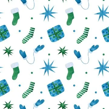 Christmas seamless pattern with blue and green socks, gifts, mittens and stars Stock Illustration