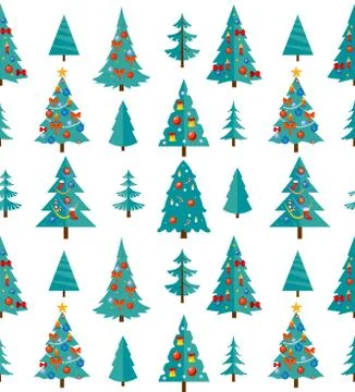 Christmas seamless pattern with blue trees and decorations Stockillustratie
