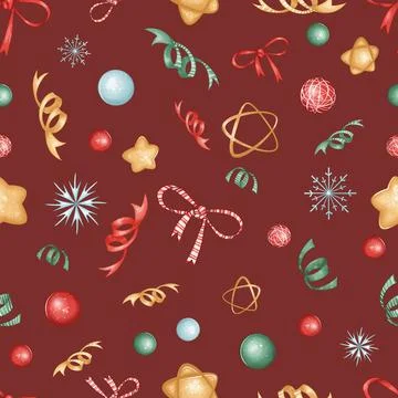 Christmas seamless pattern with bows, sparkles, balls, stars, snowflakes, con Stock Illustration