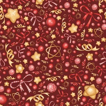 Christmas seamless pattern with bows, sparkles, balls, stars, confetti on a r Stock Illustration