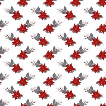 Christmas seamless pattern with branches, red poinsettia flower Illustrazione stock