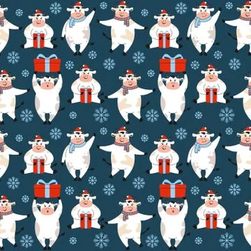 Christmas seamless pattern bull with present gift Stock Illustration