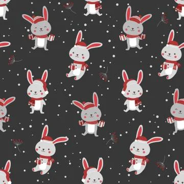 Christmas seamless pattern with bunny background, Winter pattern with rabbit, Stock Illustration