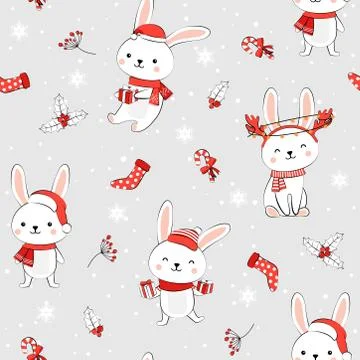 Christmas seamless pattern with bunny background, Winter pattern with white r Stock Illustration