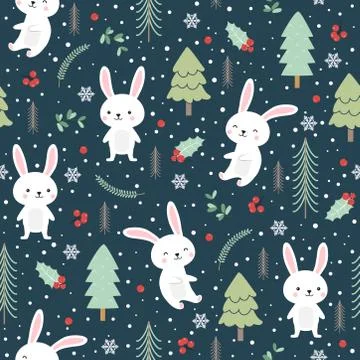 Christmas seamless pattern with bunny background, Winter pattern with white r Stock Illustration