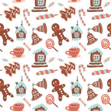 Christmas Seamless pattern with cacao drink, ginger cookie, candy cane and lo Stock Illustration