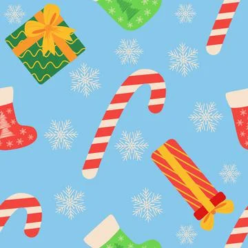 Christmas seamless pattern with candy cane, gift, stocking, bullfinch bird. C Stock Illustration
