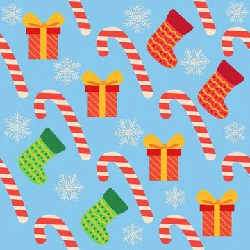 Christmas seamless pattern with candy cane, gift, stocking, bullfinch bird. C Stock Illustration