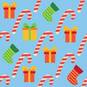 Christmas seamless pattern with candy cane, gift, stocking, bullfinch bird. C Stock Illustration