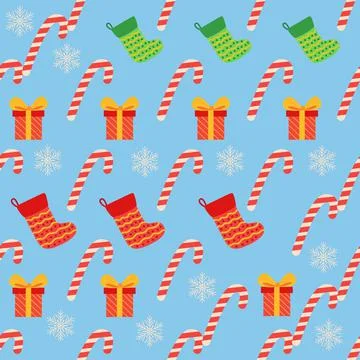 Christmas seamless pattern with candy cane, gift, stocking, bullfinch bird. C Stock Illustration
