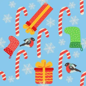 Christmas seamless pattern with candy cane, gift, stocking, bullfinch bird. C Stock Illustration