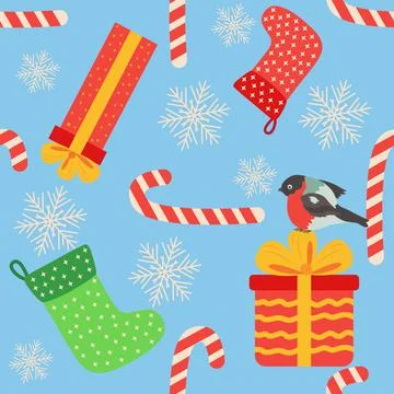 Christmas seamless pattern with candy cane, gift, stocking, bullfinch bird. C Stock Illustration