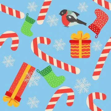 Christmas seamless pattern with candy cane, gift, stocking, bullfinch bird. C Stock Illustration