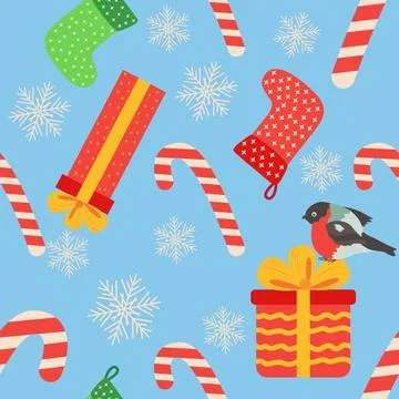 Christmas seamless pattern with candy cane, gift, stocking, bullfinch bird. C Stock Illustration